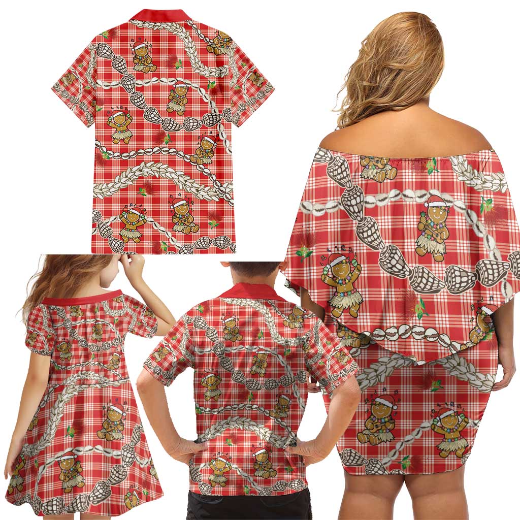 Red Palaka Hawaii Mele Kalikimaka Family Matching Off Shoulder Short Dress and Hawaiian Shirt Ohia Lehua Shell Leis Funny Gingerbread Santa - Polynesian Pride