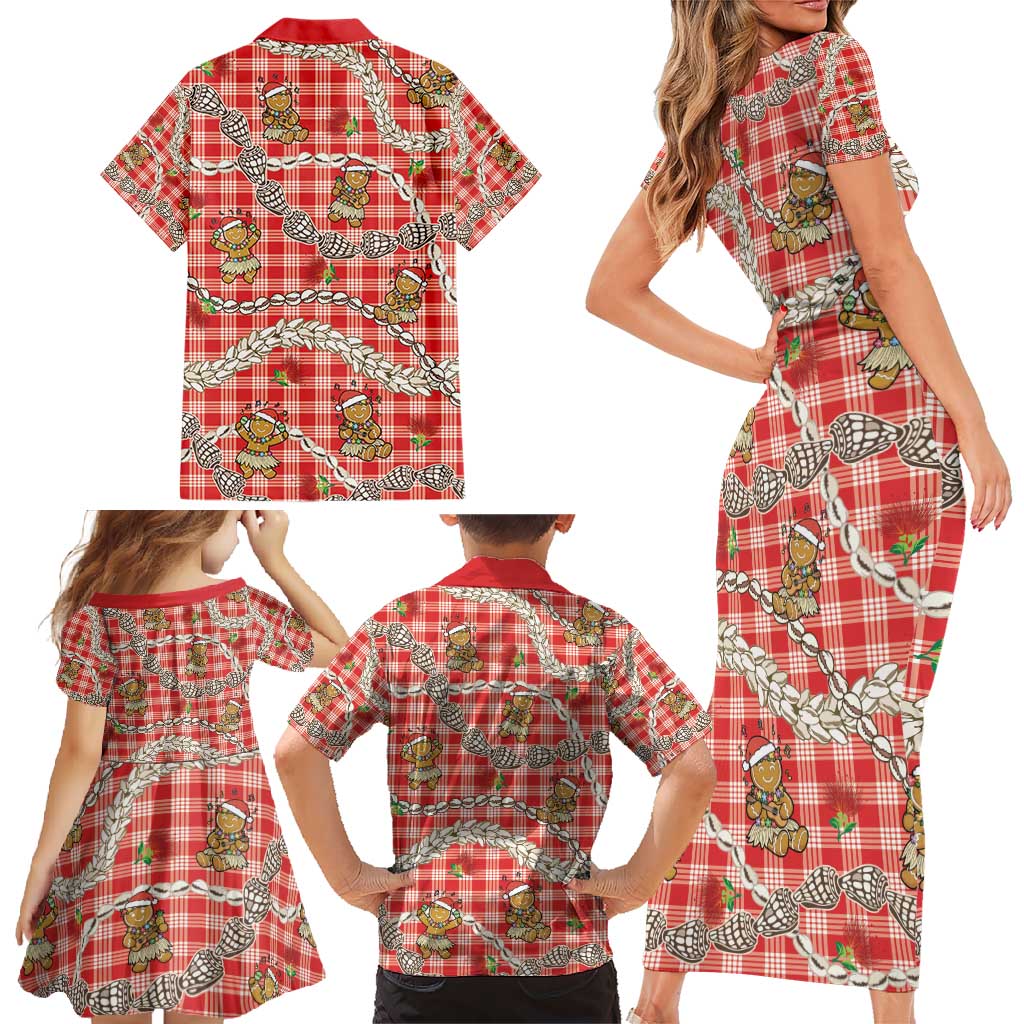 Red Palaka Hawaii Mele Kalikimaka Family Matching Short Sleeve Bodycon Dress and Hawaiian Shirt Ohia Lehua Shell Leis Funny Gingerbread Santa - Polynesian Pride