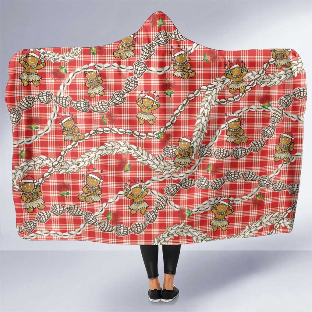 Red Palaka Hawaii Mele Kalikimaka Hooded Blanket Ohia Lehua Shell Leis Funny Gingerbread Santa - Polynesian Pride