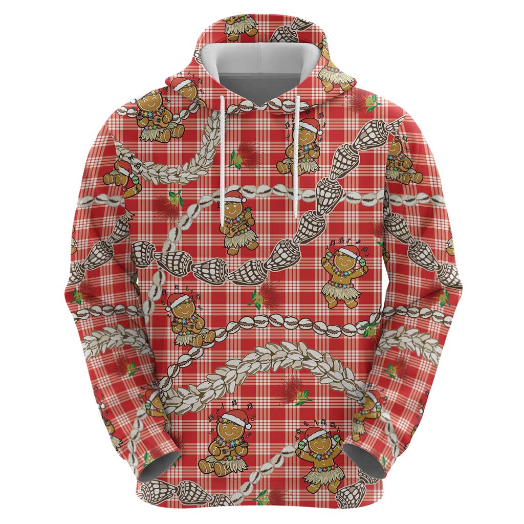 Red Palaka Hawaii Mele Kalikimaka Hoodie Ohia Lehua Shell Leis Funny Gingerbread Santa - Polynesian Pride