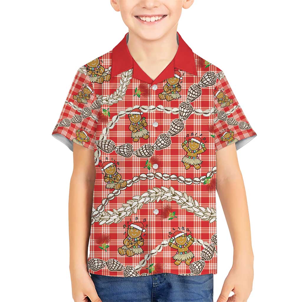 Red Palaka Hawaii Mele Kalikimaka Kid Hawaiian Shirt Ohia Lehua Shell Leis Funny Gingerbread Santa - Polynesian Pride