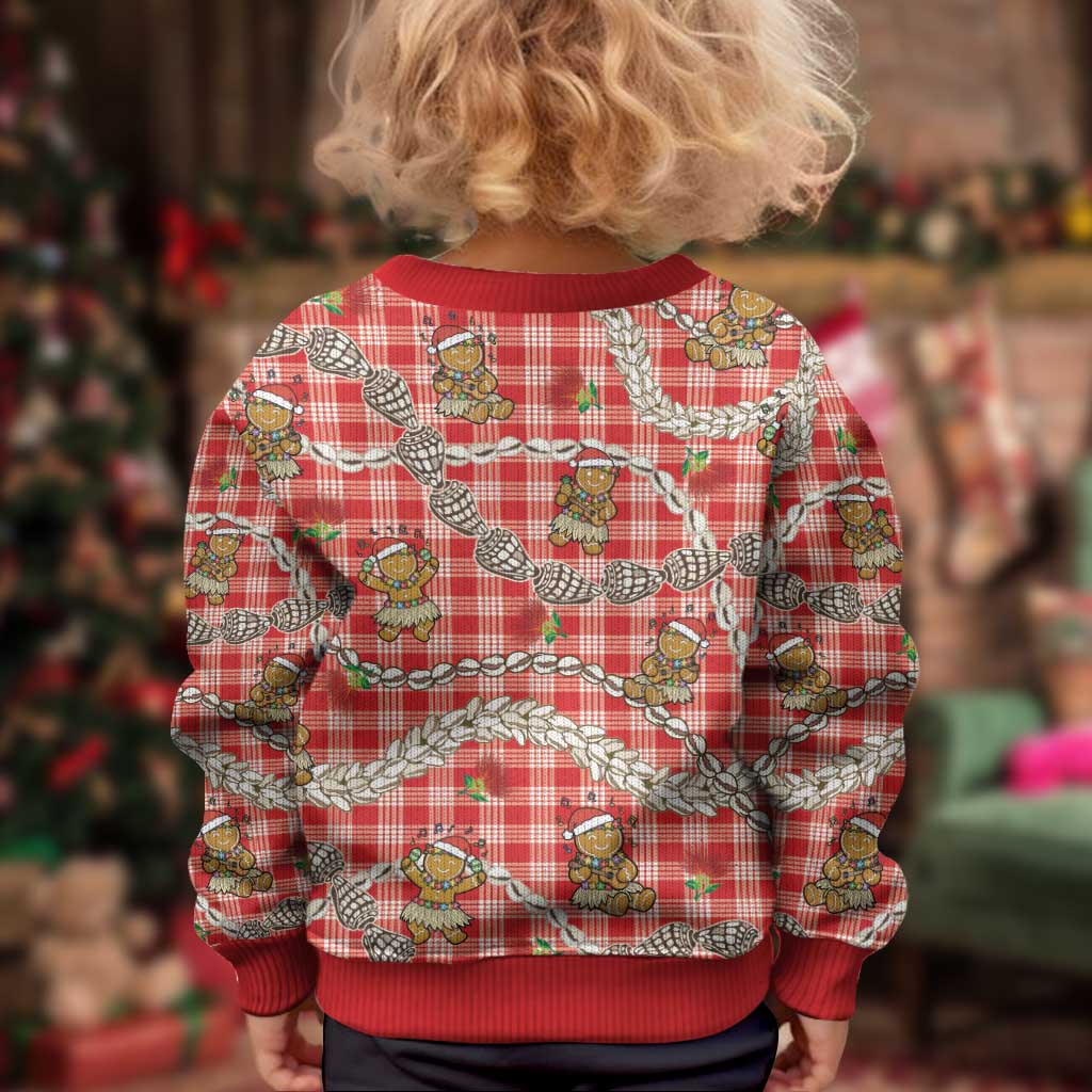 Red Palaka Hawaii Mele Kalikimaka Kid Ugly Christmas Sweater Ohia Lehua Shell Leis Funny Gingerbread Santa - Polynesian Pride