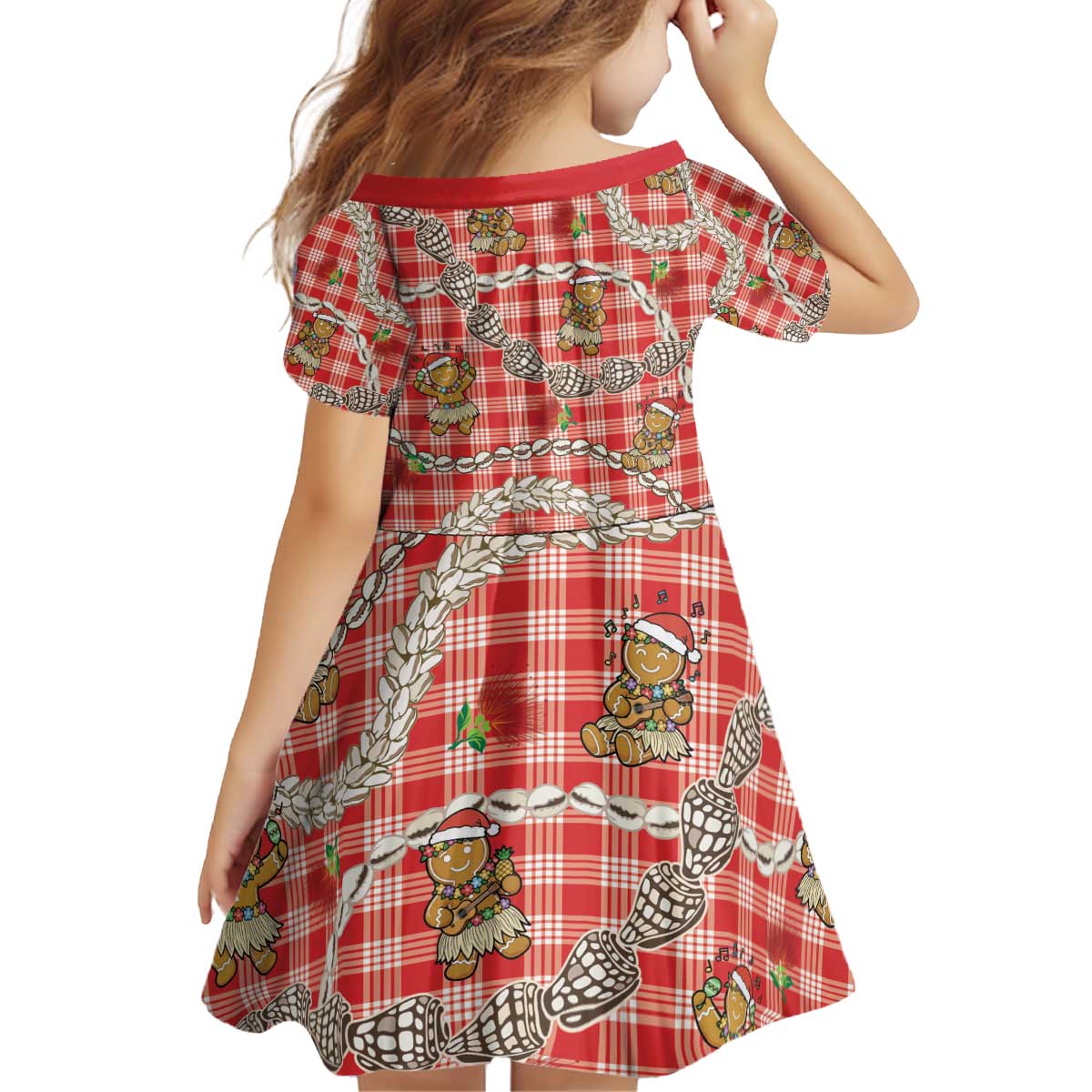 Red Palaka Hawaii Mele Kalikimaka Kid Short Sleeve Dress Ohia Lehua Shell Leis Funny Gingerbread Santa - Polynesian Pride
