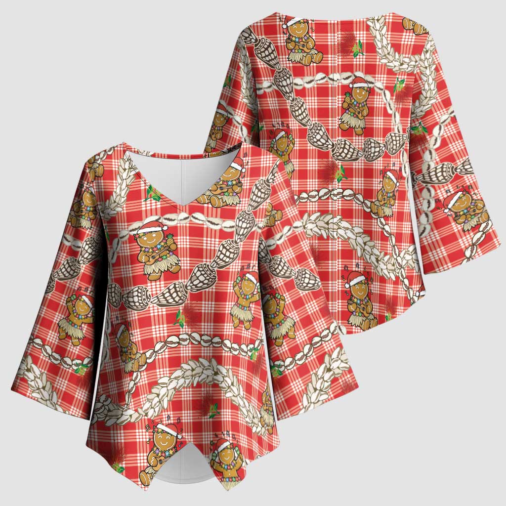 Red Palaka Hawaii Mele Kalikimaka Kimono Sleeve Blouse Ohia Lehua Shell Leis Funny Gingerbread Santa - Polynesian Pride