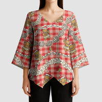 Red Palaka Hawaii Mele Kalikimaka Kimono Sleeve Blouse Ohia Lehua Shell Leis Funny Gingerbread Santa - Polynesian Pride