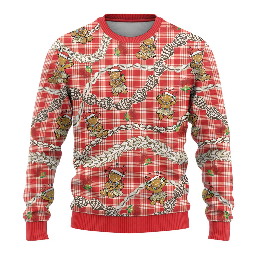 Red Palaka Hawaii Mele Kalikimaka Ugly Christmas Sweater Ohia Lehua Shell Leis Funny Gingerbread Santa - Polynesian Pride
