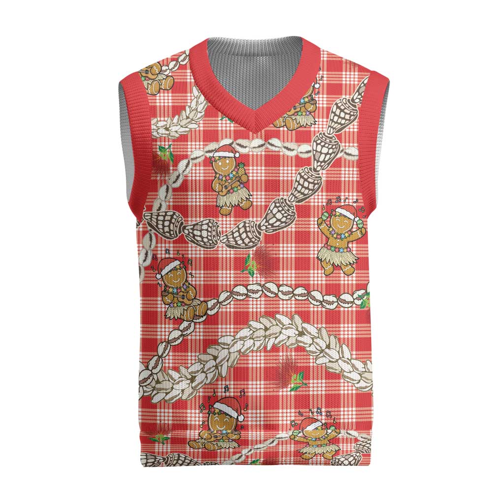 Red Palaka Hawaii Mele Kalikimaka Christmas Knitted V-Neck Vest Ohia Lehua Shell Leis Funny Gingerbread Santa - Polynesian Pride