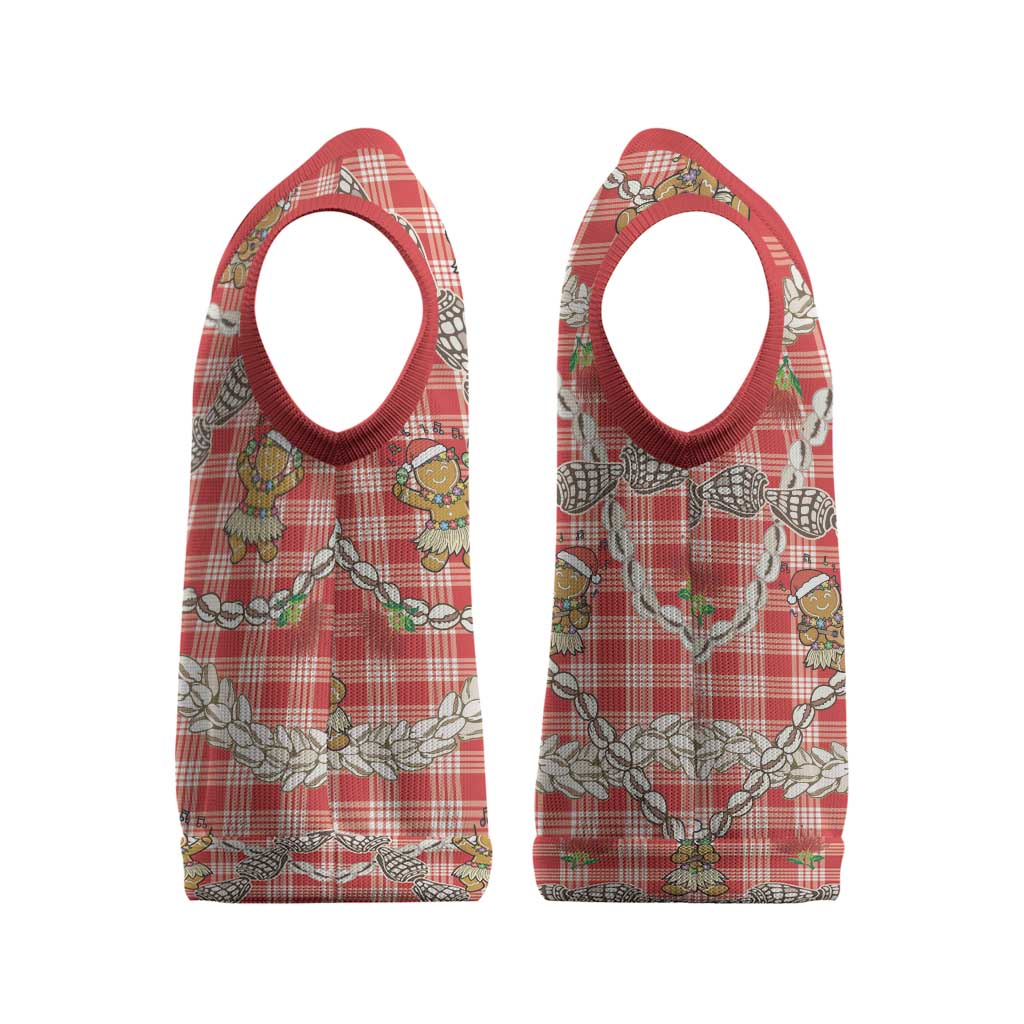 Red Palaka Hawaii Mele Kalikimaka Christmas Knitted V-Neck Vest Ohia Lehua Shell Leis Funny Gingerbread Santa - Polynesian Pride