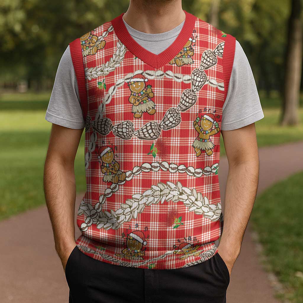 Red Palaka Hawaii Mele Kalikimaka Christmas Knitted V-Neck Vest Ohia Lehua Shell Leis Funny Gingerbread Santa - Polynesian Pride