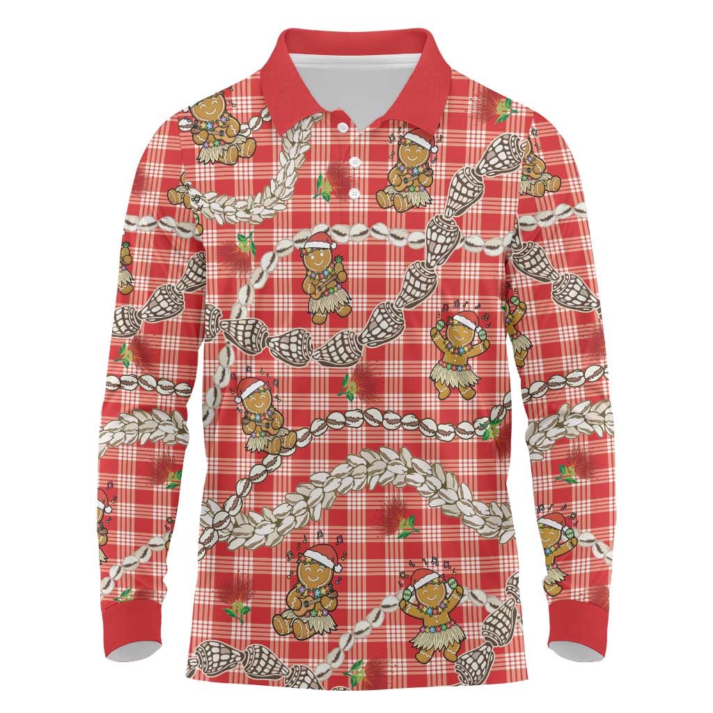 Red Palaka Hawaii Mele Kalikimaka Long Sleeve Polo Shirt Ohia Lehua Shell Leis Funny Gingerbread Santa - Polynesian Pride