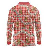 Red Palaka Hawaii Mele Kalikimaka Long Sleeve Polo Shirt Ohia Lehua Shell Leis Funny Gingerbread Santa - Polynesian Pride