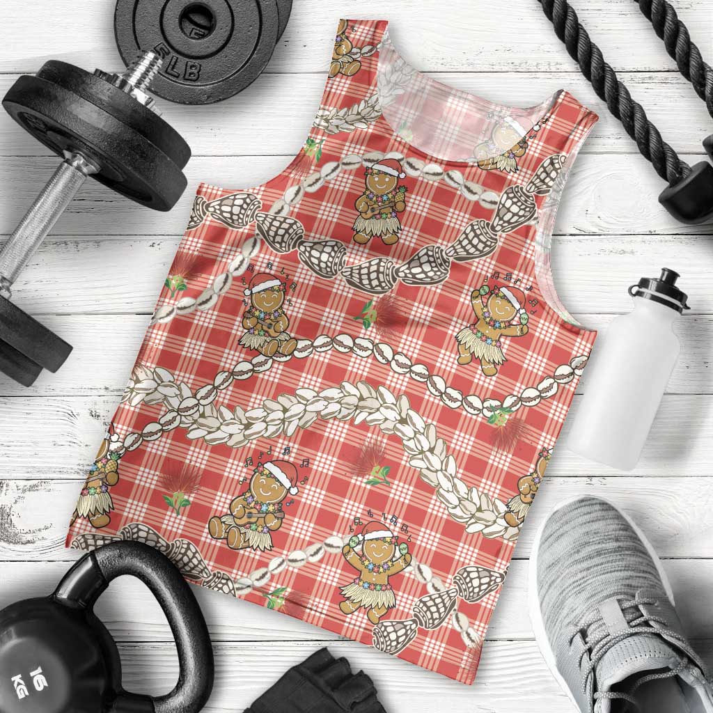 Red Palaka Hawaii Mele Kalikimaka Men Tank Top Ohia Lehua Shell Leis Funny Gingerbread Santa - Polynesian Pride