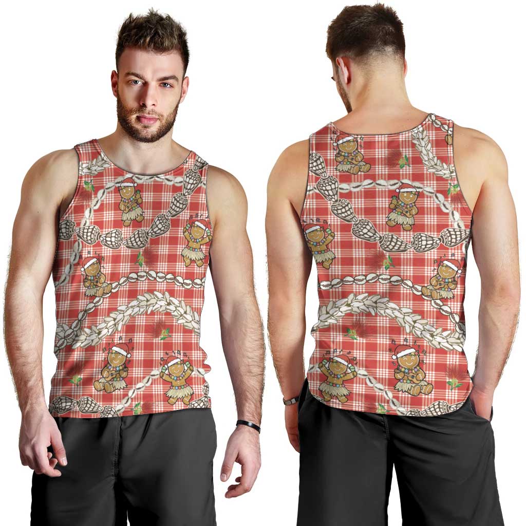 Red Palaka Hawaii Mele Kalikimaka Men Tank Top Ohia Lehua Shell Leis Funny Gingerbread Santa - Polynesian Pride