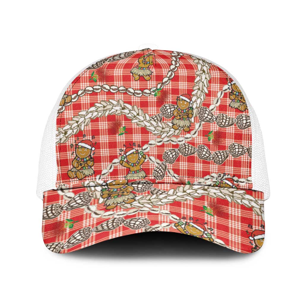 Red Palaka Hawaii Mele Kalikimaka Mesh Trucker Cap Ohia Lehua Shell Leis Funny Gingerbread Santa - Polynesian Pride