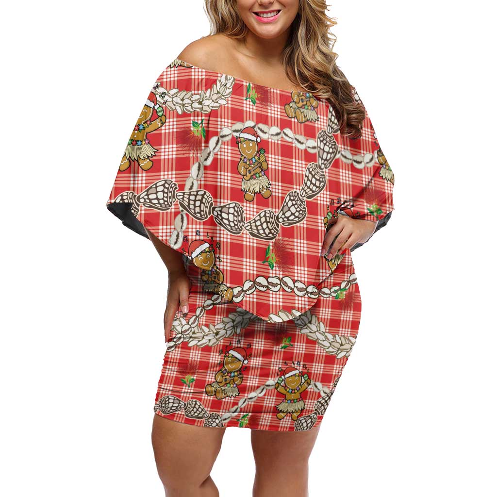 Red Palaka Hawaii Mele Kalikimaka Off Shoulder Short Dress Ohia Lehua Shell Leis Funny Gingerbread Santa - Polynesian Pride