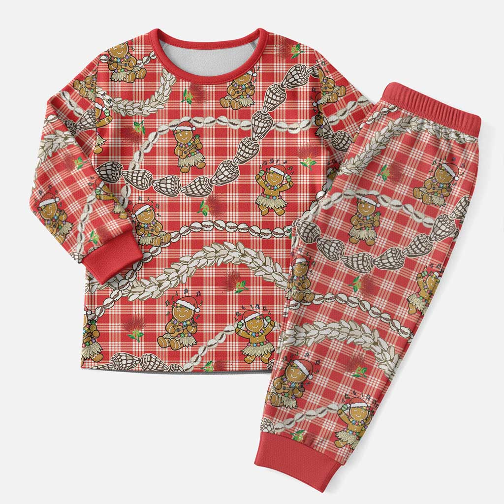 Red Palaka Hawaii Mele Kalikimaka Christmas Pajama Set Ohia Lehua Shell Leis Funny Gingerbread Santa - Polynesian Pride