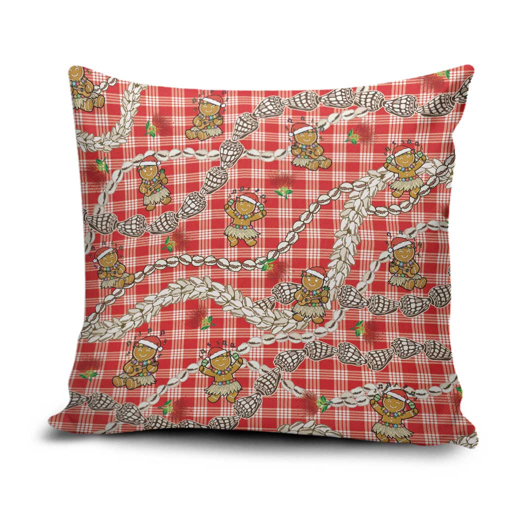 Red Palaka Hawaii Mele Kalikimaka Pillow Cover Ohia Lehua Shell Leis Funny Gingerbread Santa - Polynesian Pride