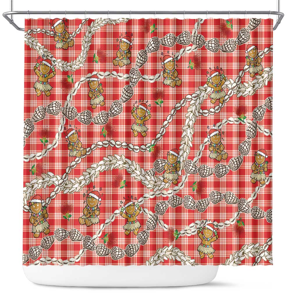 Red Palaka Hawaii Mele Kalikimaka Shower Curtain Ohia Lehua Shell Leis Funny Gingerbread Santa - Polynesian Pride