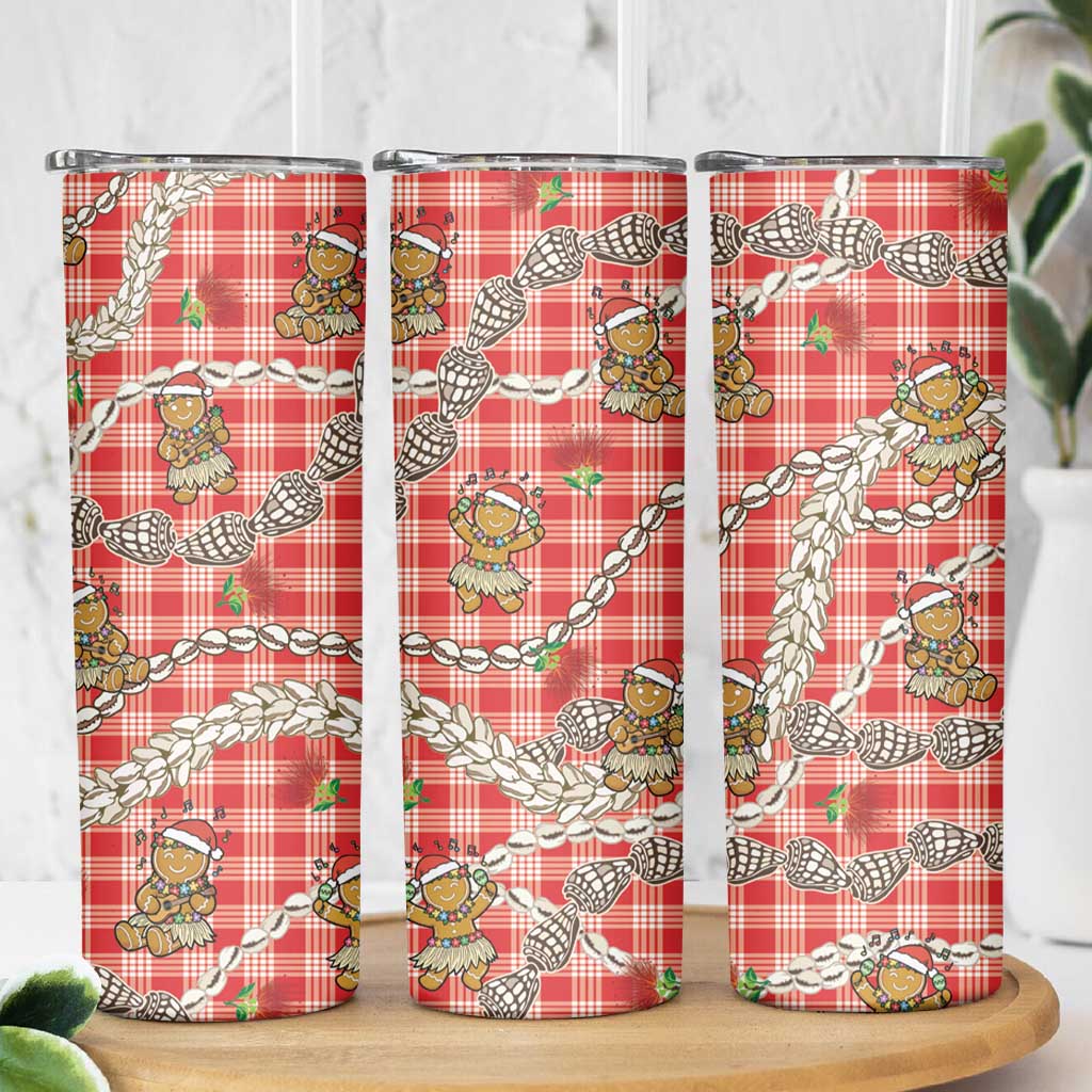 Red Palaka Hawaii Mele Kalikimaka Skinny Tumbler Ohia Lehua Shell Leis Funny Gingerbread Santa - Polynesian Pride
