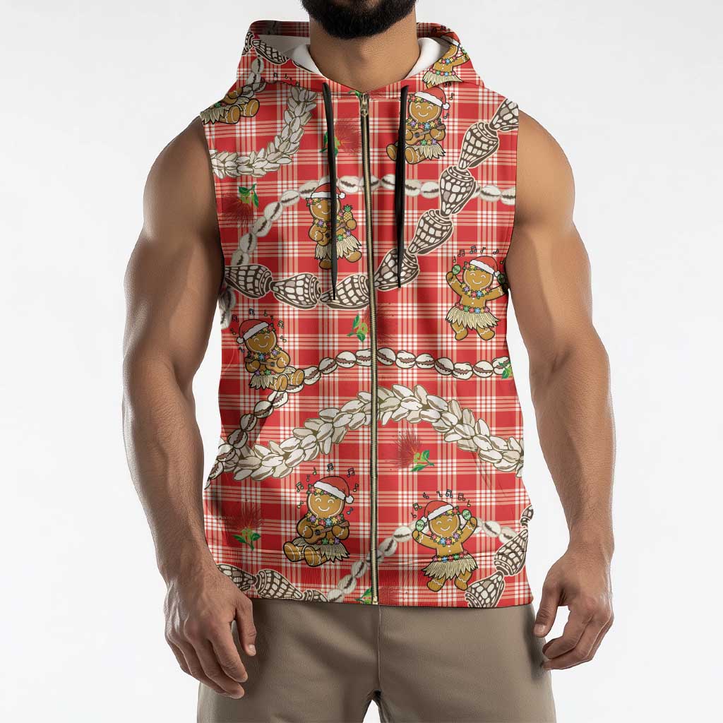 Red Palaka Hawaii Mele Kalikimaka Sleeveless Zip Hoodie Ohia Lehua Shell Leis Funny Gingerbread Santa - Polynesian Pride