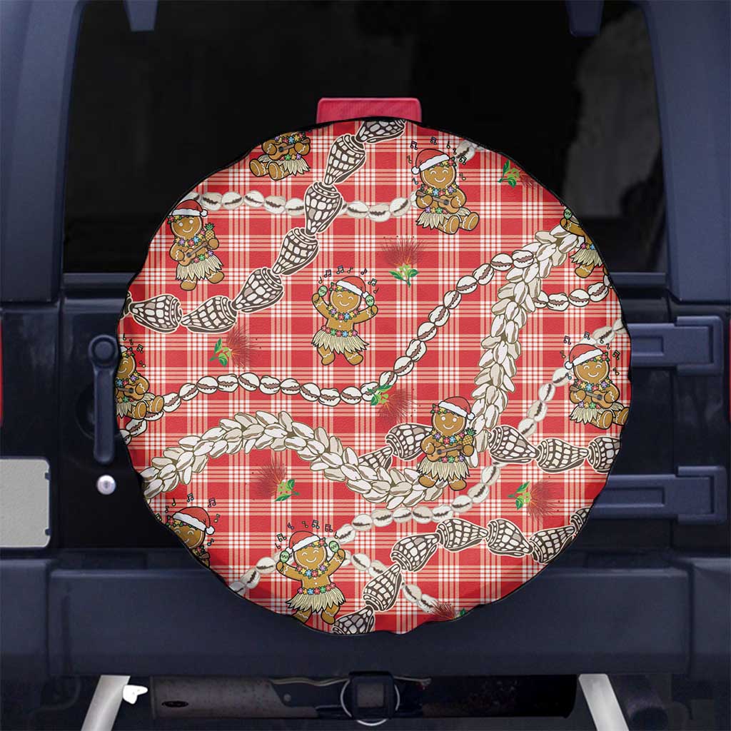Red Palaka Hawaii Mele Kalikimaka Spare Tire Cover Ohia Lehua Shell Leis Funny Gingerbread Santa - Polynesian Pride