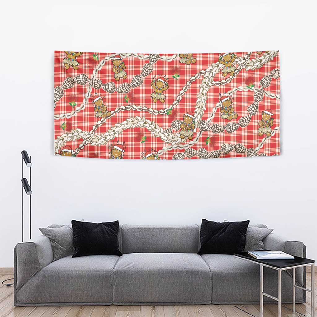 Red Palaka Hawaii Mele Kalikimaka Tapestry Ohia Lehua Shell Leis Funny Gingerbread Santa - Polynesian Pride