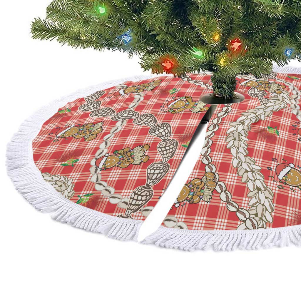 Red Palaka Hawaii Mele Kalikimaka Tree Skirt Ohia Lehua Shell Leis Funny Gingerbread Santa - Polynesian Pride