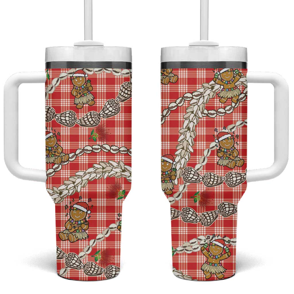 Red Palaka Hawaii Mele Kalikimaka Tumbler With Handle Ohia Lehua Shell Leis Funny Gingerbread Santa - Polynesian Pride