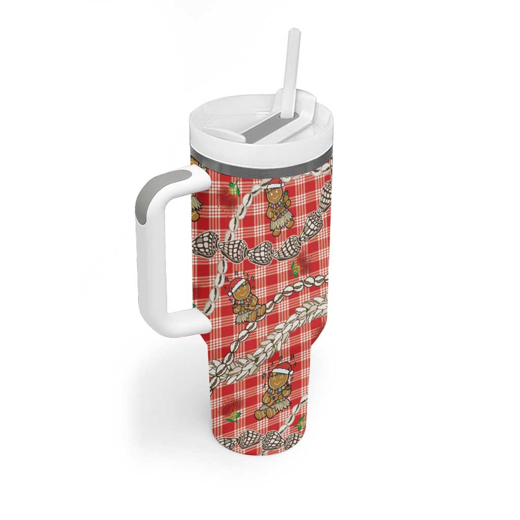 Red Palaka Hawaii Mele Kalikimaka Tumbler With Handle Ohia Lehua Shell Leis Funny Gingerbread Santa - Polynesian Pride