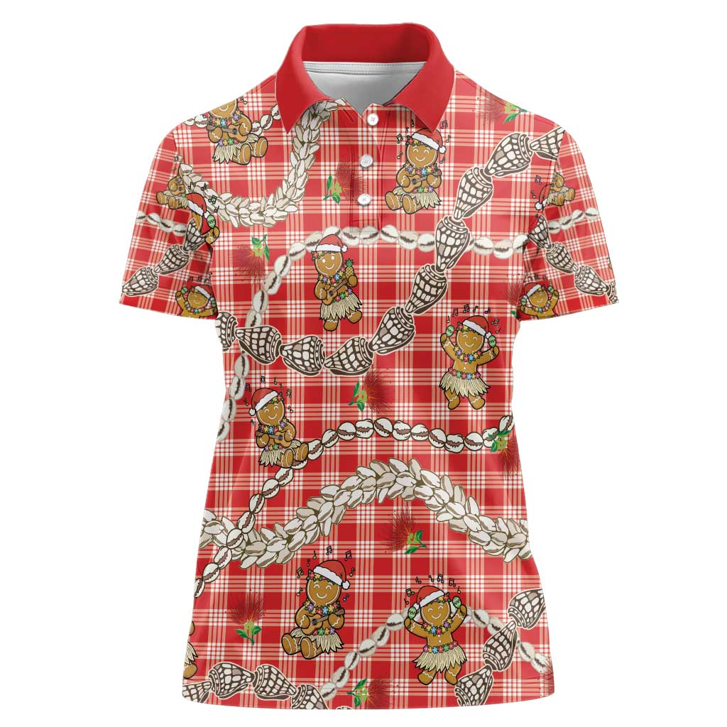 Red Palaka Hawaii Mele Kalikimaka Women Polo Shirt Ohia Lehua Shell Leis Funny Gingerbread Santa - Polynesian Pride