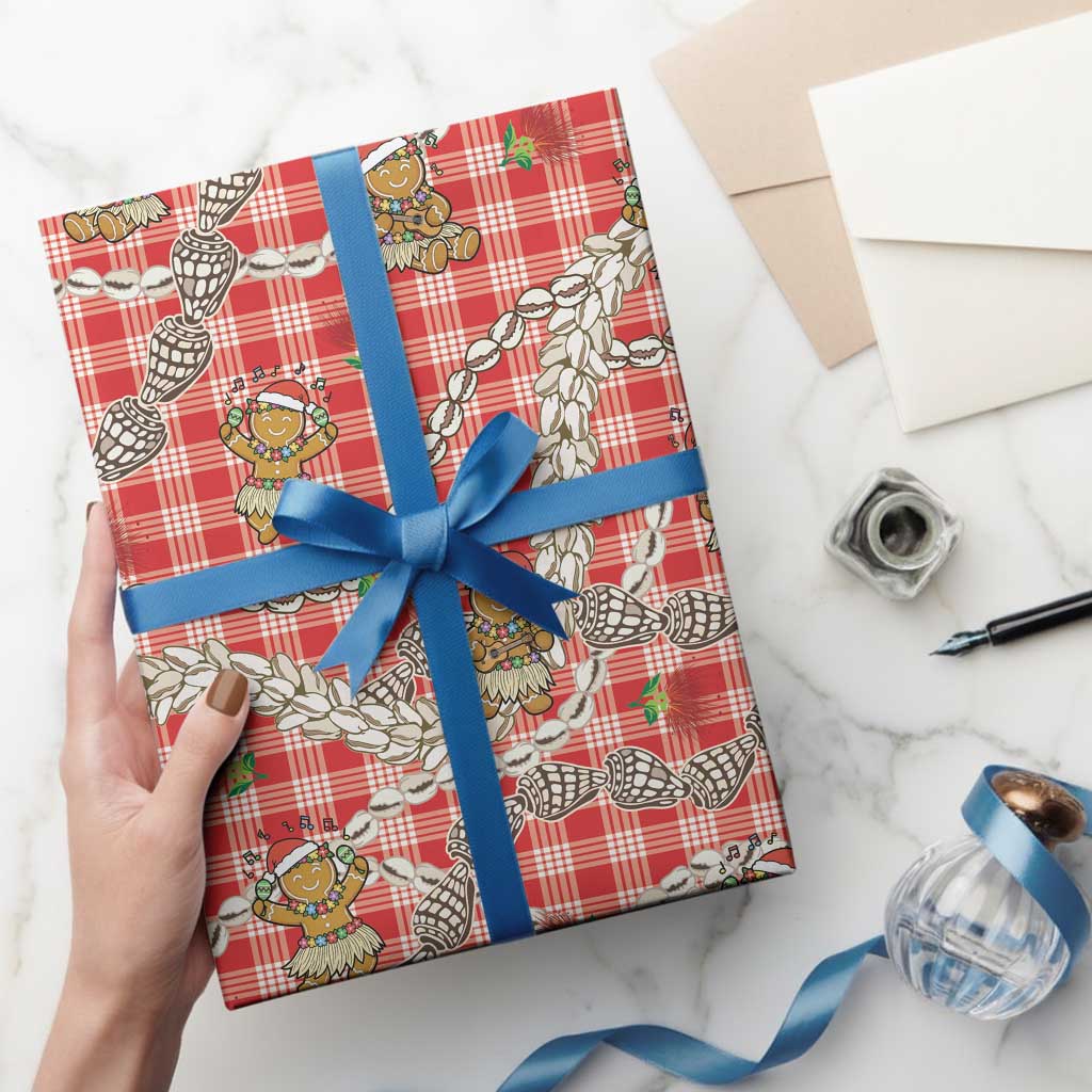 Red Palaka Hawaii Mele Kalikimaka Wrapping Paper Ohia Lehua Shell Leis Funny Gingerbread Santa - Polynesian Pride