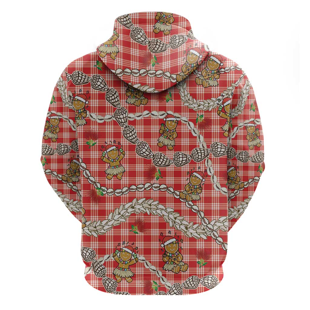 Red Palaka Hawaii Mele Kalikimaka Zip Hoodie Ohia Lehua Shell Leis Funny Gingerbread Santa - Polynesian Pride