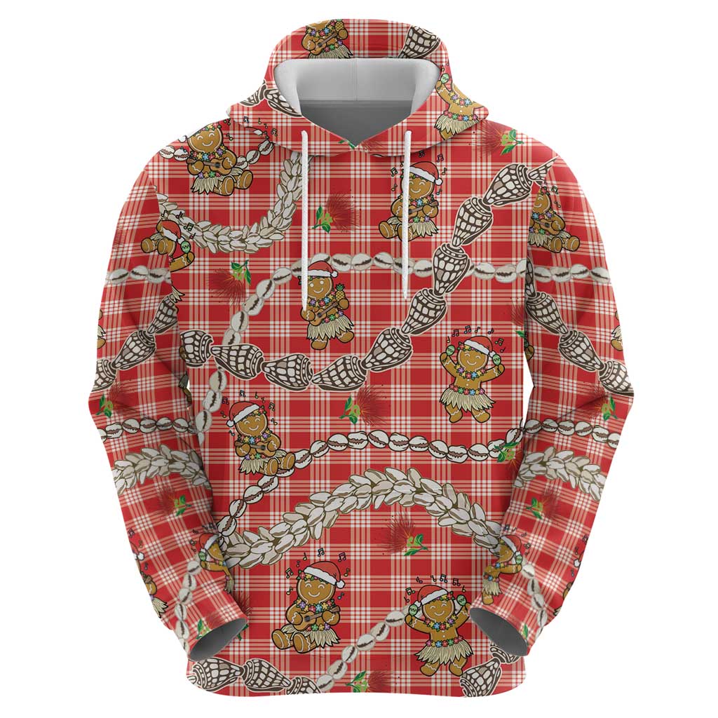 Red Palaka Hawaii Mele Kalikimaka Zip Hoodie Ohia Lehua Shell Leis Funny Gingerbread Santa - Polynesian Pride