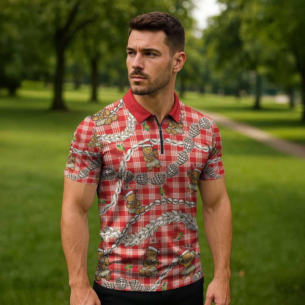 Red Palaka Hawaii Mele Kalikimaka Zipper Polo Shirt Ohia Lehua Shell Leis Funny Gingerbread Santa - Polynesian Pride