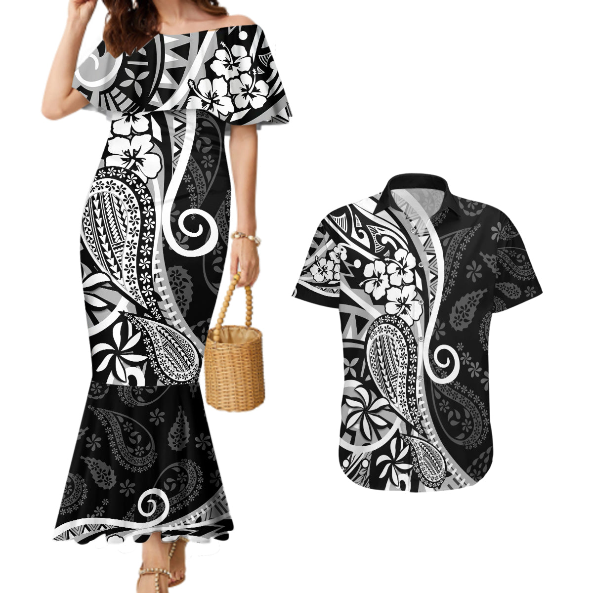Black Polynesia Paisley Couples Matching Mermaid Dress and Hawaiian Shirt Polynesian With Tropical Flowers LT14 Black - Polynesian Pride
