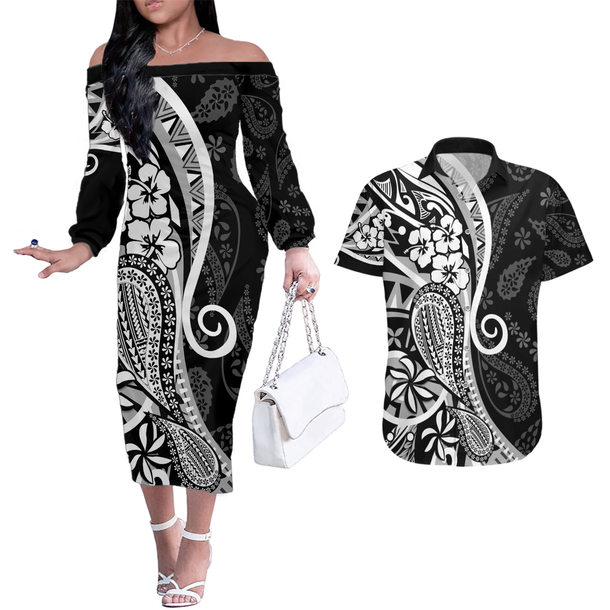 Black Polynesia Paisley Couples Matching Off The Shoulder Long Sleeve Dress and Hawaiian Shirt Polynesian With Tropical Flowers LT14 Black - Polynesian Pride