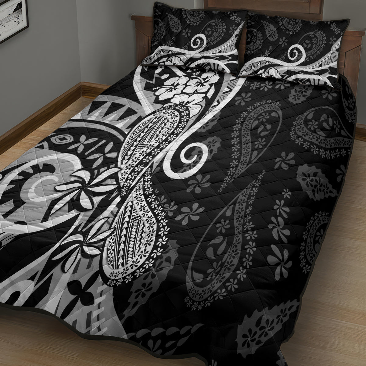 Black Polynesia Paisley Quilt Bed Set Polynesian With Tropical Flowers LT14 - Polynesian Pride