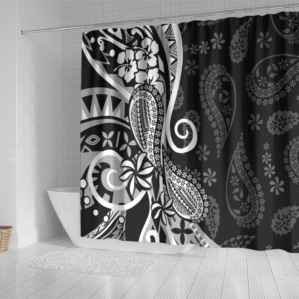 Black Polynesia Paisley Shower Curtain Polynesian With Tropical Flowers LT14 - Polynesian Pride