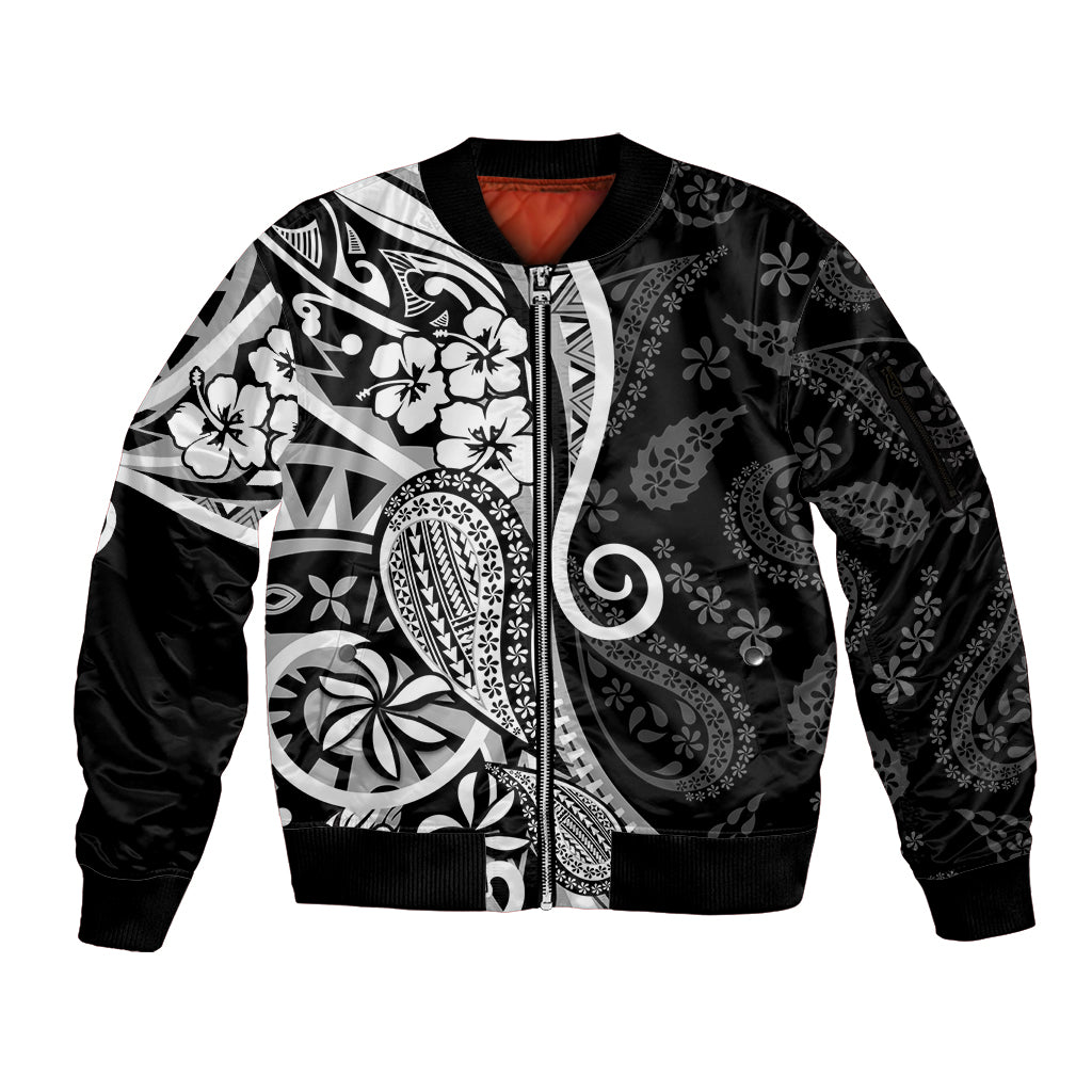Black Polynesia Paisley Sleeve Zip Bomber Jacket Polynesian With Tropical Flowers LT14 Unisex Black - Polynesian Pride