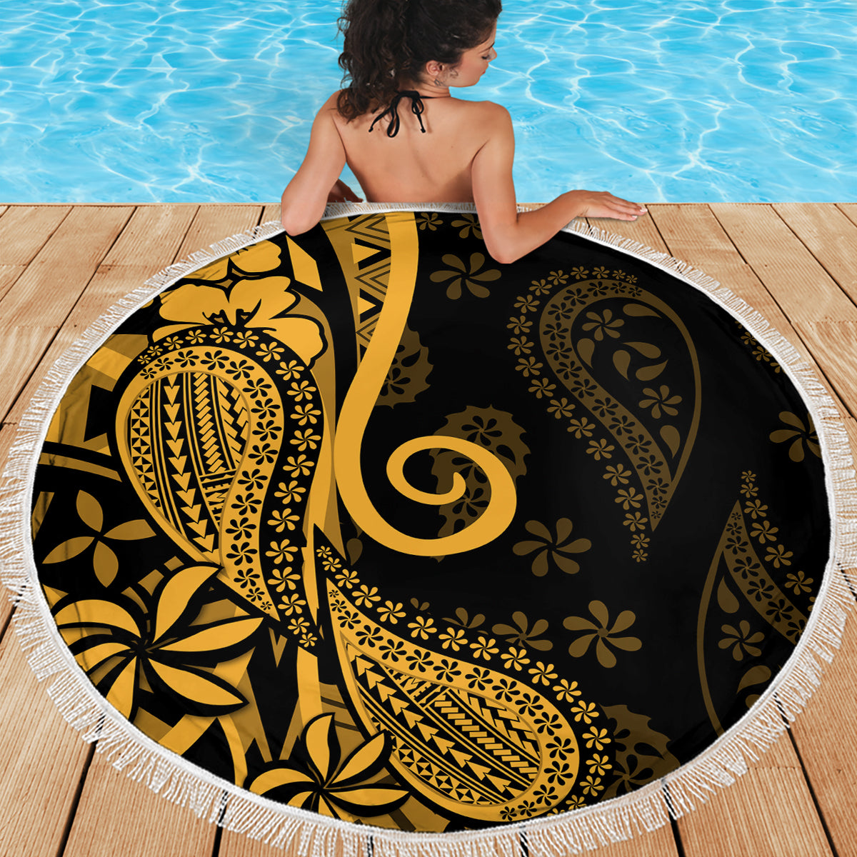 Gold Polynesia Paisley Beach Blanket Polynesian With Tropical Flowers LT14 - Polynesian Pride