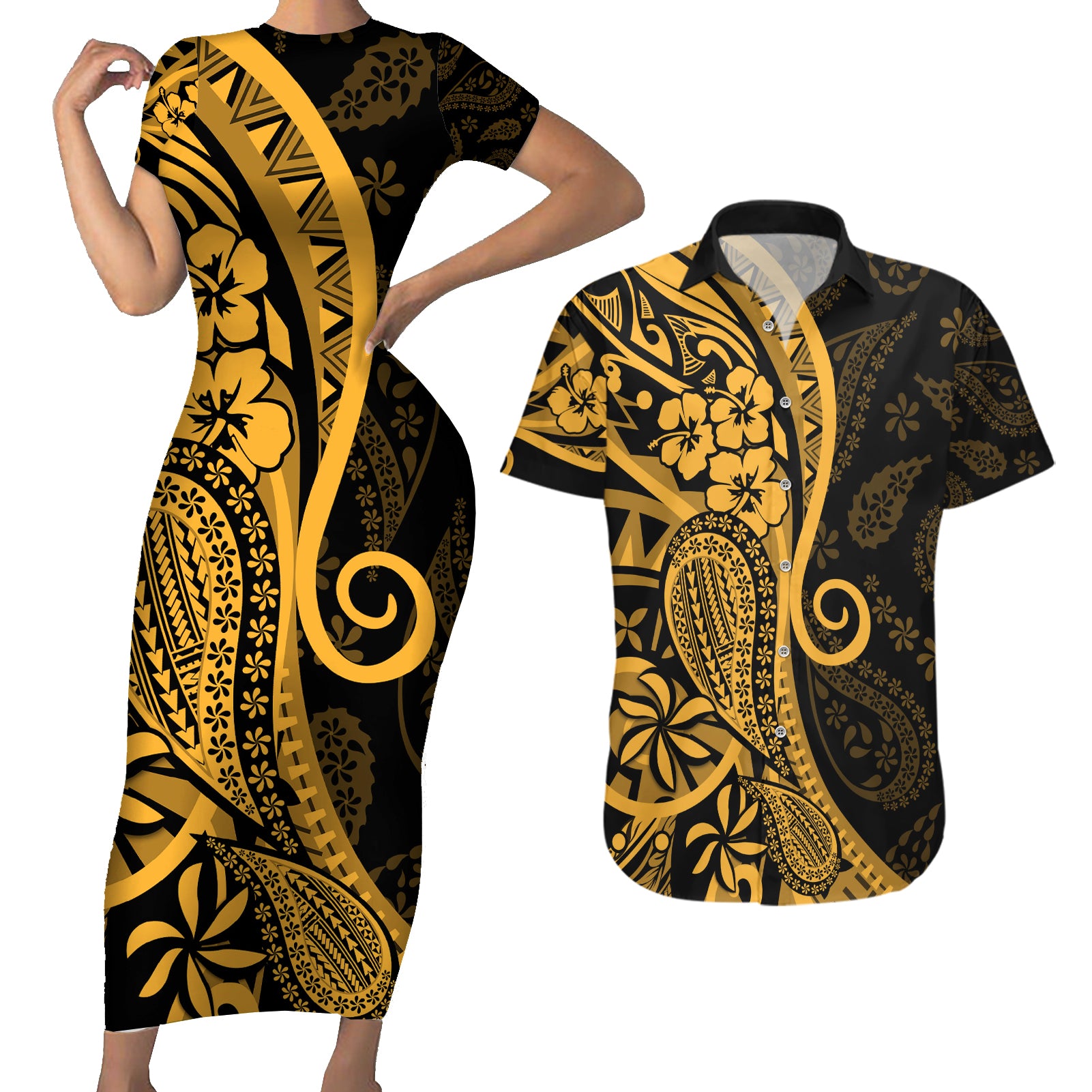 Gold Polynesia Paisley Couples Matching Short Sleeve Bodycon Dress and Hawaiian Shirt Polynesian With Tropical Flowers LT14 Gold - Polynesian Pride