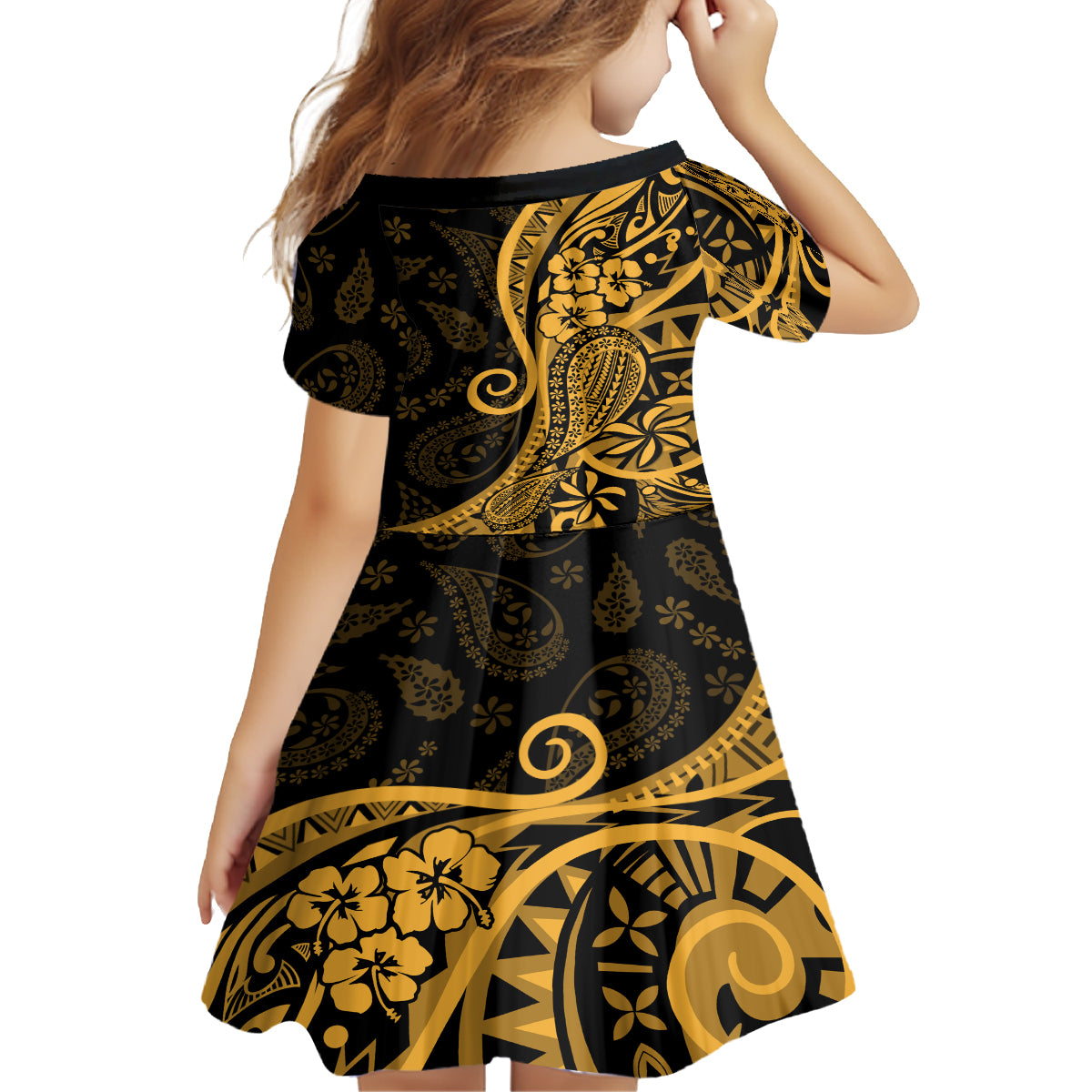 Gold Polynesia Paisley Family Matching Long Sleeve Bodycon Dress and Hawaiian Shirt Polynesian With Tropical Flowers LT14 - Polynesian Pride