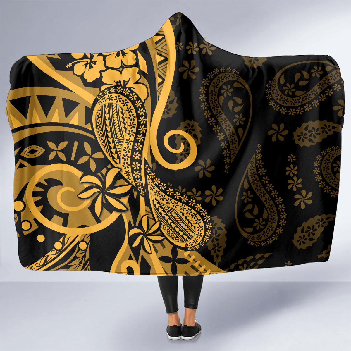 Gold Polynesia Paisley Hooded Blanket Polynesian With Tropical Flowers LT14 - Polynesian Pride