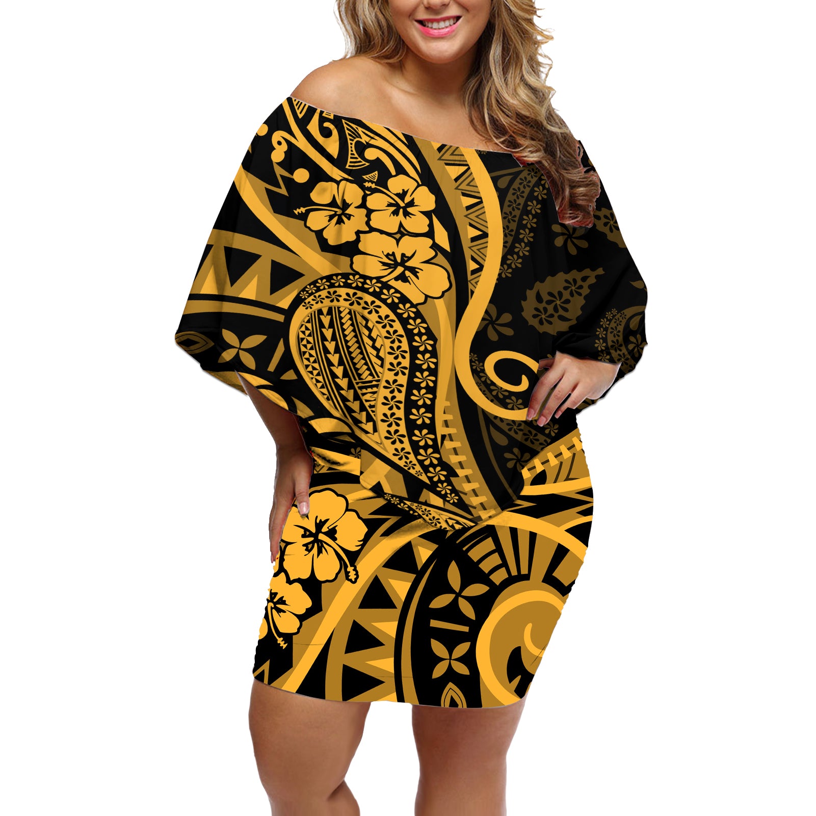 Gold Polynesia Paisley Off Shoulder Short Dress Polynesian With Tropical Flowers LT14 Women Gold - Polynesian Pride