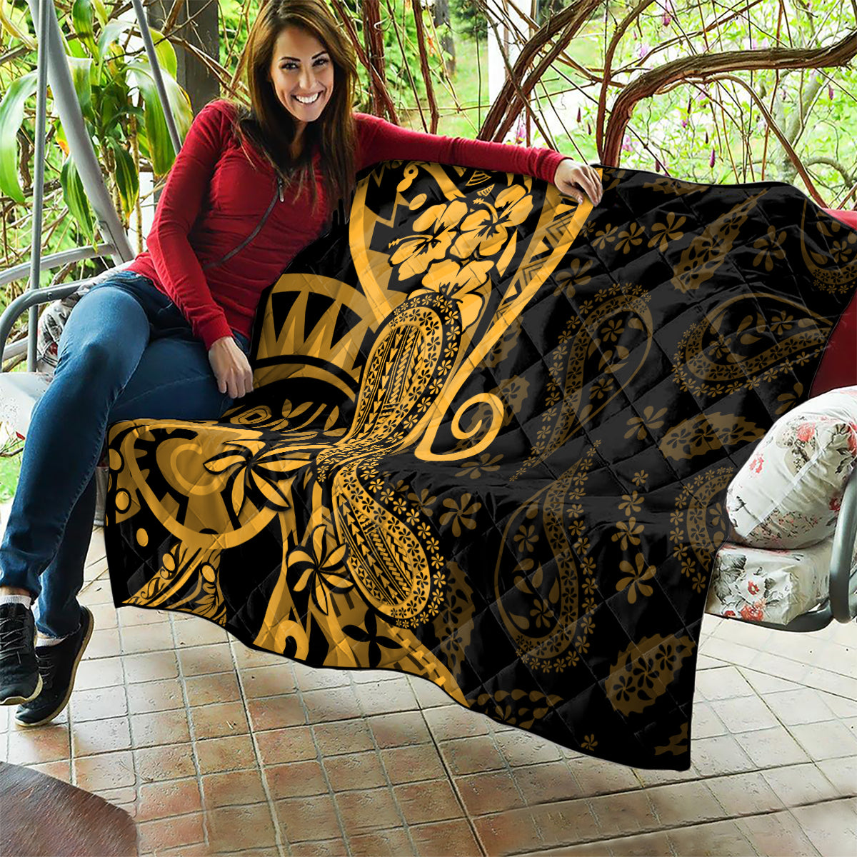 Gold Polynesia Paisley Quilt Polynesian With Tropical Flowers LT14 - Polynesian Pride
