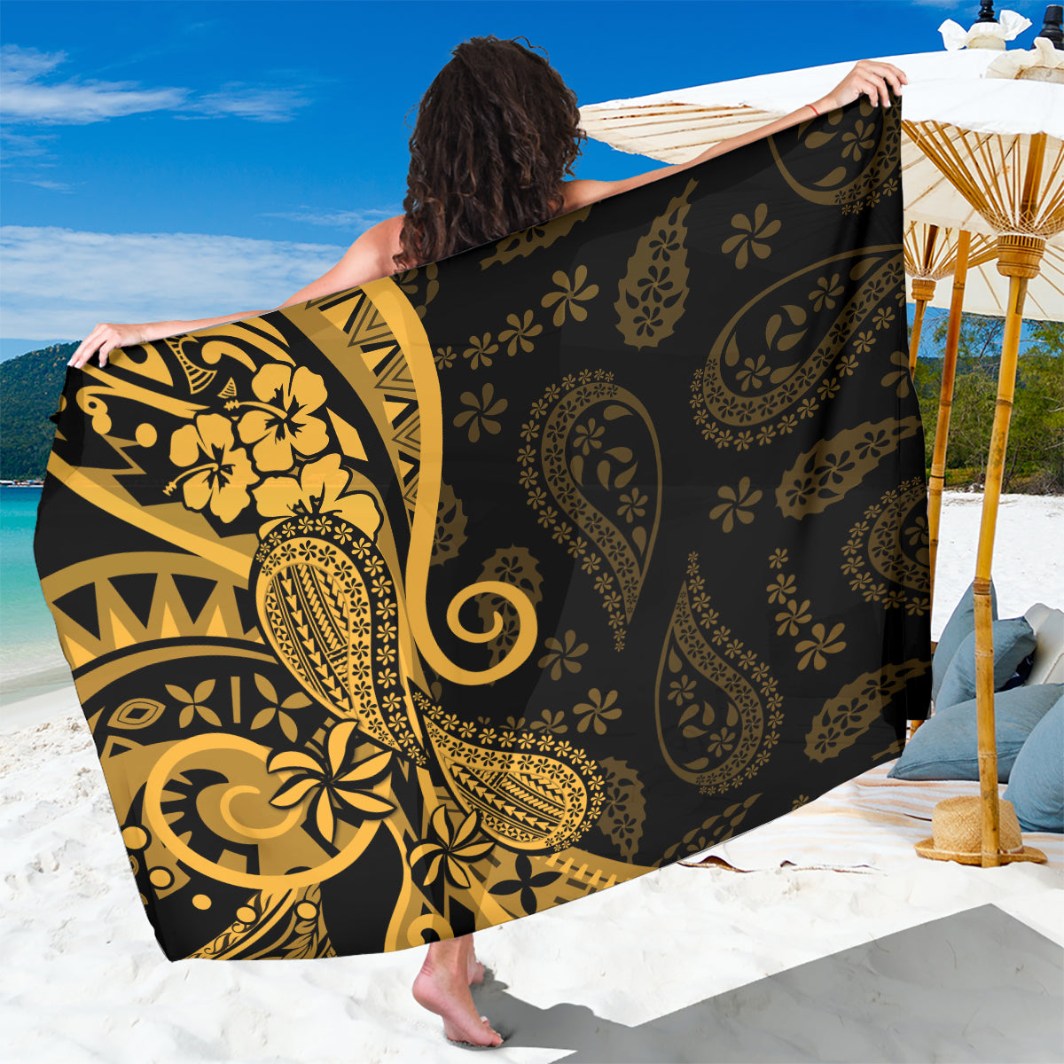 Gold Polynesia Paisley Sarong Polynesian With Tropical Flowers LT14 One Size 44 x 66 inches Gold - Polynesian Pride