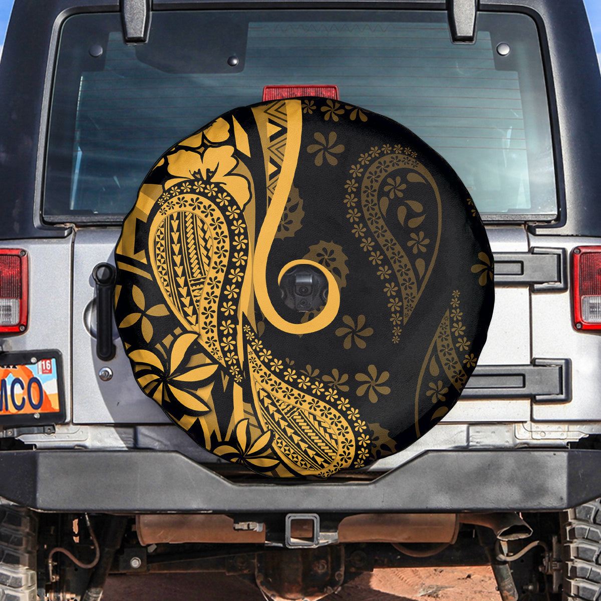 Gold Polynesia Paisley Spare Tire Cover Polynesian With Tropical Flowers LT14 - Polynesian Pride