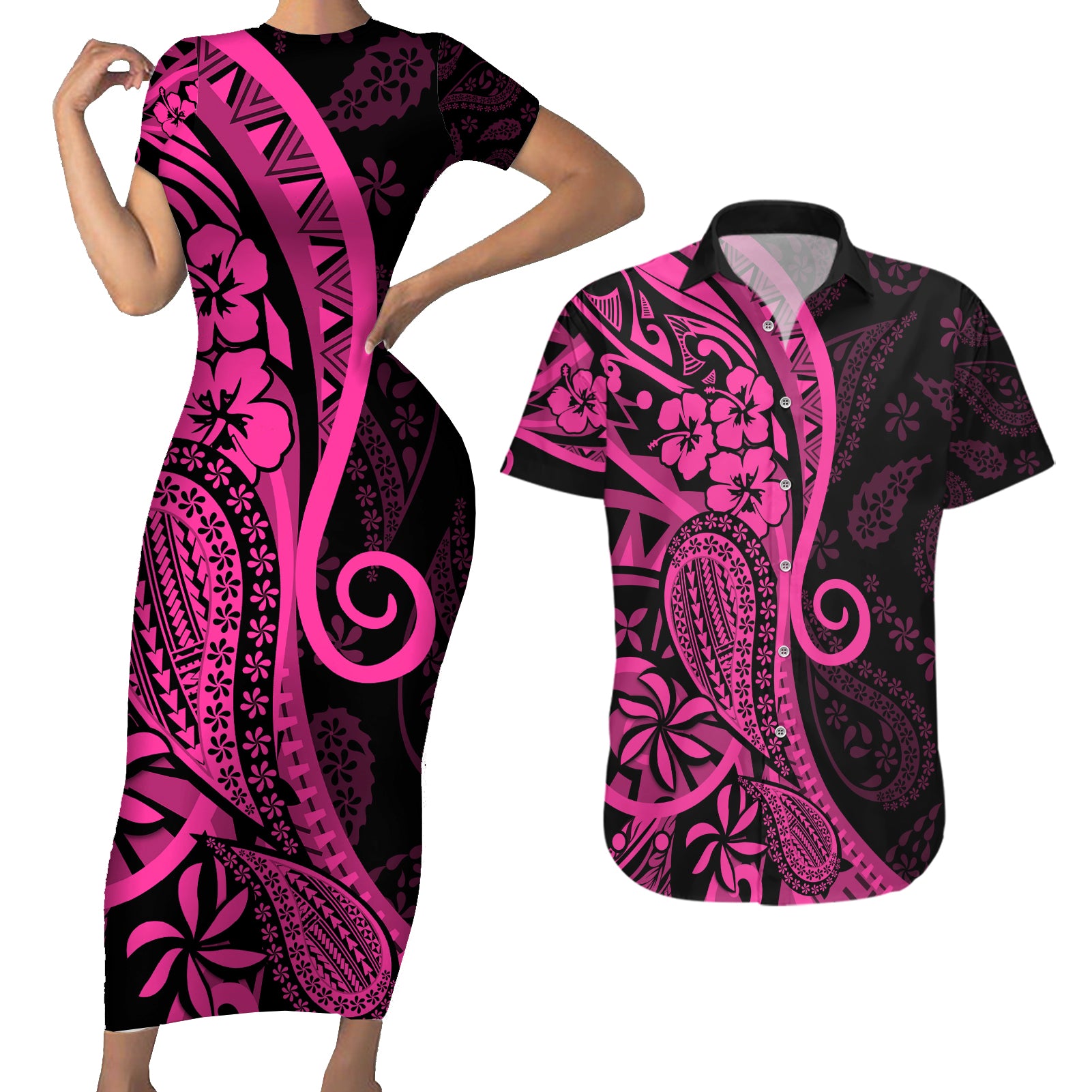 Pink Polynesia Paisley Couples Matching Short Sleeve Bodycon Dress and Hawaiian Shirt Polynesian With Tropical Flowers LT14 Pink - Polynesian Pride