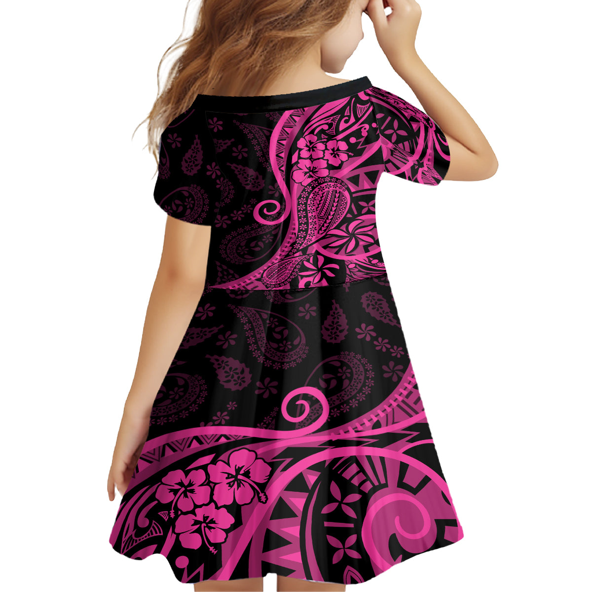 Pink Polynesia Paisley Kid Short Sleeve Dress Polynesian With Tropical Flowers LT14 - Polynesian Pride