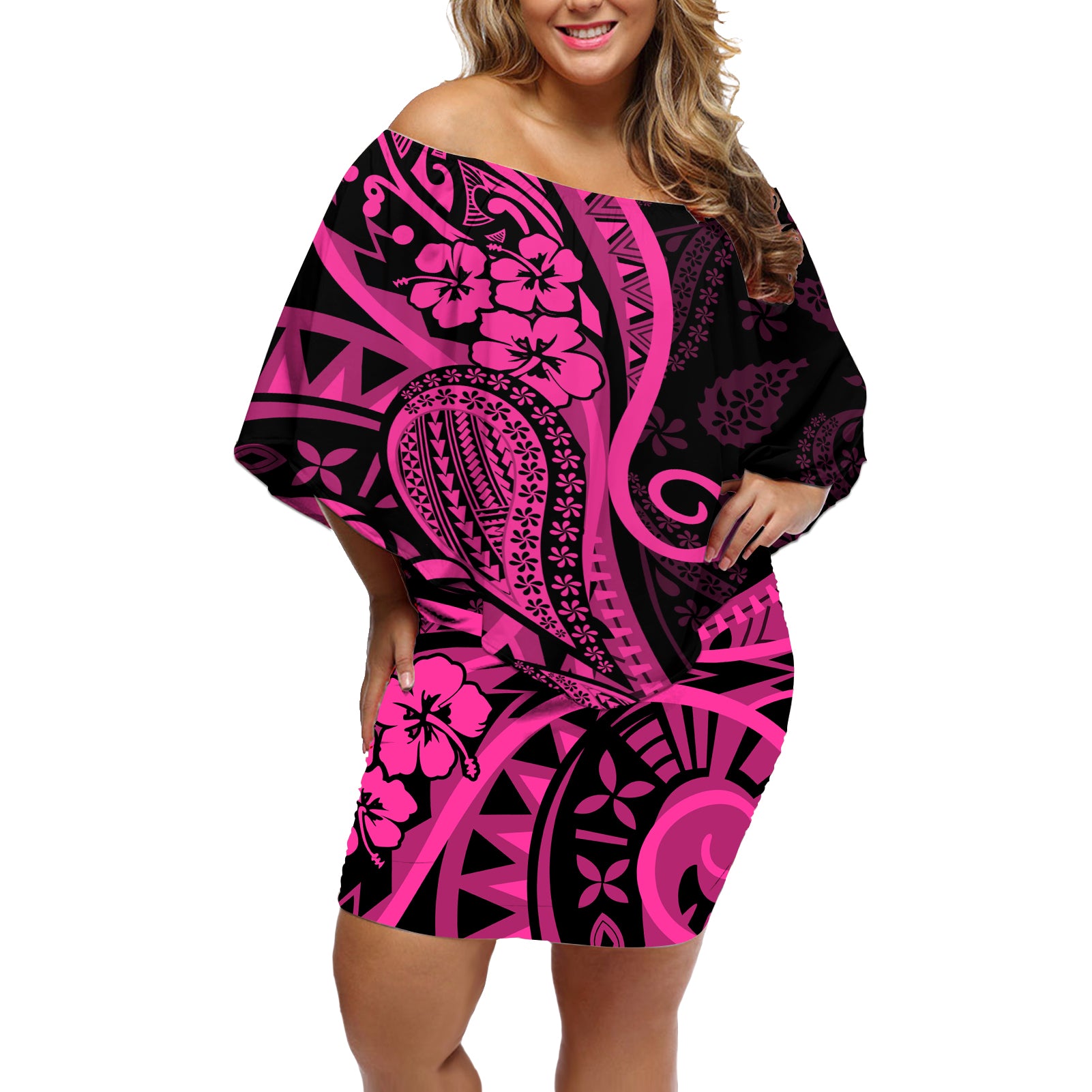 Pink Polynesia Paisley Off Shoulder Short Dress Polynesian With Tropical Flowers LT14 Women Pink - Polynesian Pride